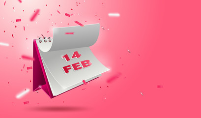 Valentine's day banner with open 3d calendar 14 February and Glitters on pink background.