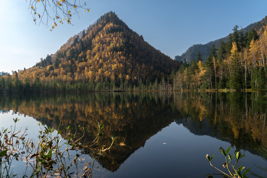 Mountain reflection in lake water