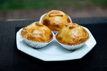 shrimp pie on white plate, shrimp patty in white porcelain plate on black background, pattys