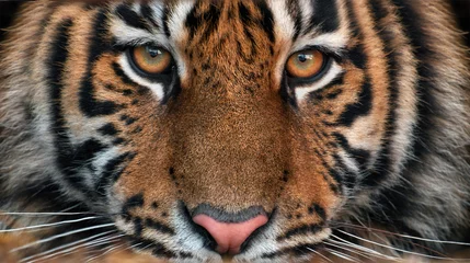 Gordijnen Portrait of a tiger.Young male Amur tiger looks point blank. Symmetrical frontal portrait close-up. © twinlynx