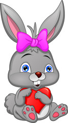 Cartoon happy rabbit holding love sign