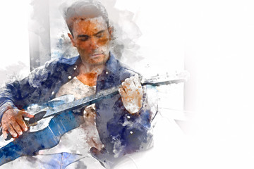 Close-up business man relax time playing acoustic guitar in the office on watercolor illustration...