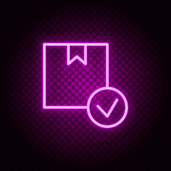 box, delivery, check neon icon. Pink neon vector icon