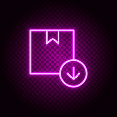 box, delivery, download, arrow down neon icon. Pink neon vector icon