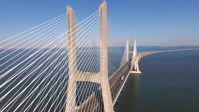 Vasco da Gama cable bridge lisbon Portugal aerial shot 4k