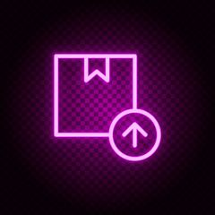 box, delivery, upload, arrow up neon icon. Pink neon vector icon