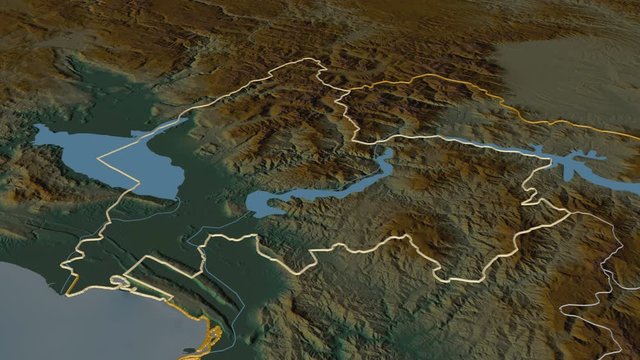 Shkod&euml;r, county with its capital, zoomed and extruded on the relief map of Albania in the conformal Stereographic projection. Animation 3D