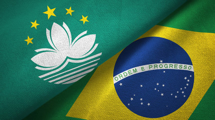 Fototapeta na wymiar Macau and Brazil two flags textile cloth, fabric texture