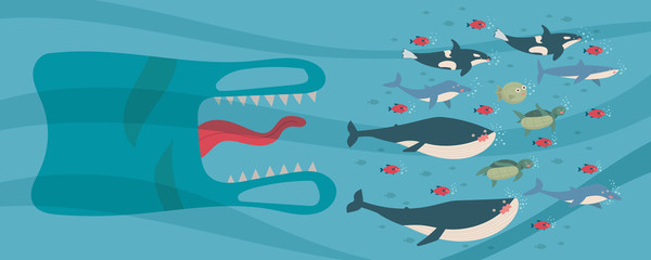 concept of environmental plastic pollution effect to marine animals life, plastic monster chasing to eat fish, whale, shark, turtle, dolphin, killer whale. cartoon vector flat illustration. © ST.art