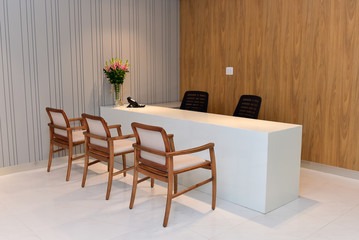 dining room with table and chairs ,office hall with white reception desk, reception room, office, clinic, reception, modern minimalist reception, corporate or medical office interior