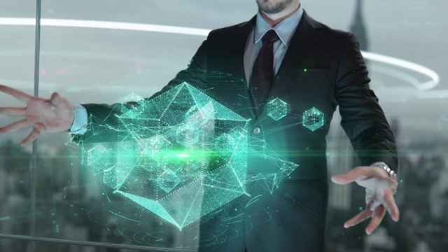 Businessman with Marketing Solution hologram concept