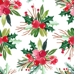 Hand drawn floral winter seamless pattern with christmas tree branches and berries. Watercolor...