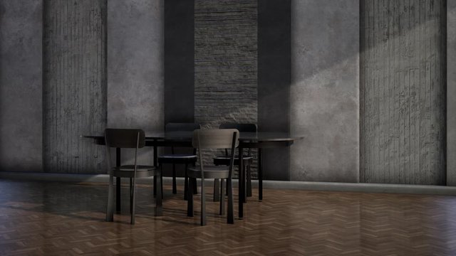 interior of a modern loft room with black table and chair, video 3d rendering