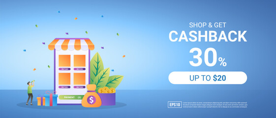 Get cashback from online shopping. Reward program for loyal customers. Promotion of world holidays. Suitable for web landing page, marketing, advertising, promotion, banner. Vector illustration