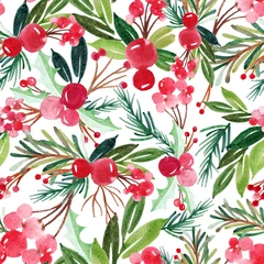 Fotobehang Hand drawn floral winter seamless pattern with christmas tree branches and berries. Watercolor illustration background © Kesturi