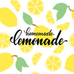 black and white lettering inscriptions Homemade Lemonade on white background with yellow lemones. Modern calligraphy for restaurant, cafe, bar menu design.