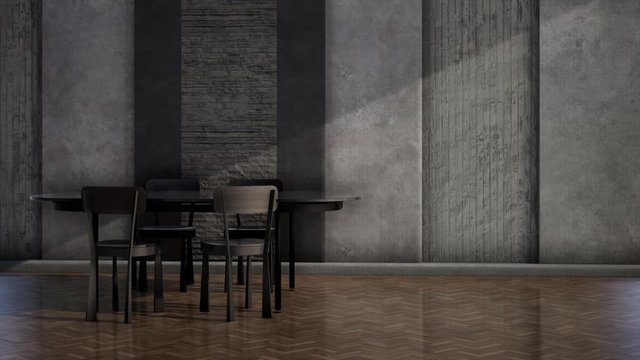 interior of modern loft room with black table and chair, video 3d rendering