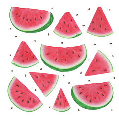 set of markers hand drawn watermelon slices on white background. Vector illustration