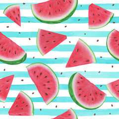 Seamless background with watermelon slices on blue watercolor stripes . design for holiday greeting card and invitation of seasonal summer holidays, summer beach parties, tourism and travel