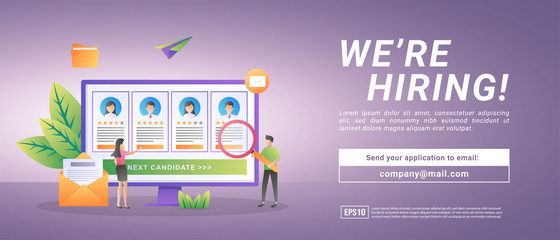 Online recruitment. Businessmen open employee recruitment. Search for and choose experienced candidates. Suitable for web landing page, marketing, advertising, promotion, banner. Vector illustration