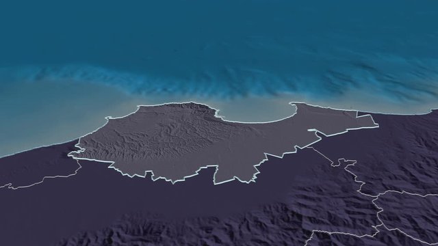 Alger, province with its capital, zoomed and extruded on the administrative map of Algeria in the conformal Stereographic projection. Animation 3D
