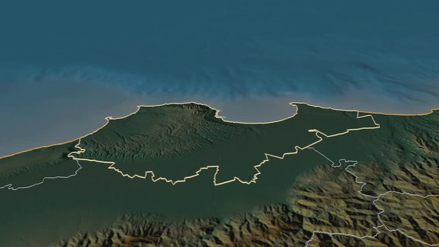 Alger, province with its capital, zoomed and extruded on the relief map of Algeria in the conformal Stereographic projection. Animation 3D