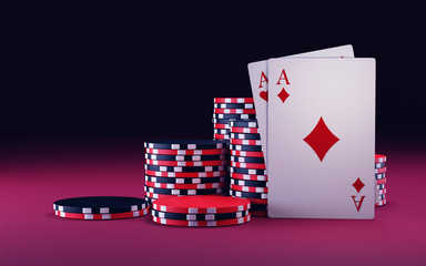 Obraz premium Stack of chips and two aces. 3d illustration