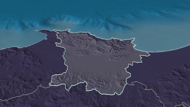 Annaba, province with its capital, zoomed and extruded on the administrative map of Algeria in the conformal Stereographic projection. Animation 3D