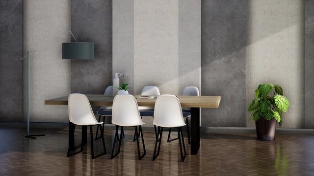 loft room interior design with table and chair, 3d animation video rendering