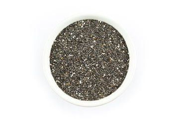 chia seeds on bowl on white background.
