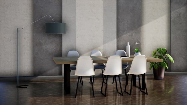 loft style room interior design with table and chair, meeting room, home office, 3d animation video rendering