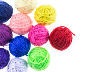yarn many color top view on white background.