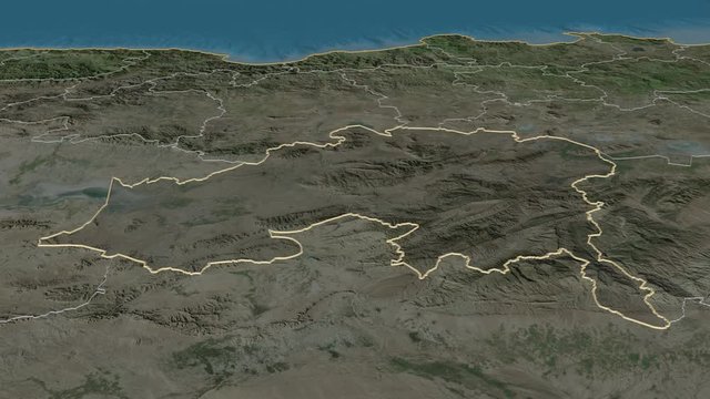 Batna, province with its capital, zoomed and extruded on the satellite map of Algeria in the conformal Stereographic projection. Animation 3D