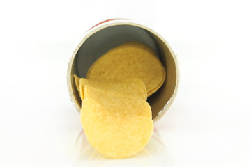 potato chips open package on white background.
