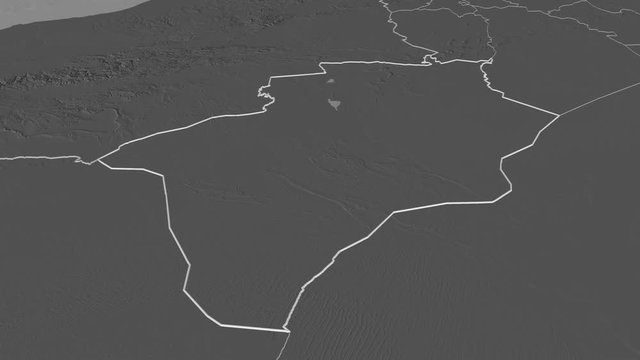 B&eacute;char, province with its capital, zoomed and extruded on the bilevel map of Algeria in the conformal Stereographic projection. Animation 3D