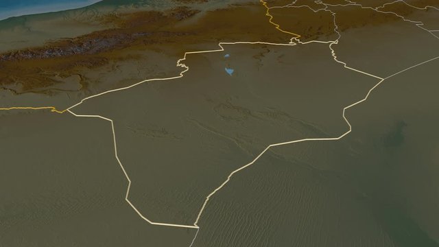 B&eacute;char, province with its capital, zoomed and extruded on the relief map of Algeria in the conformal Stereographic projection. Animation 3D