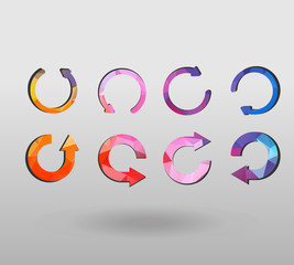 Arrow refresh icon reload sign set with polygonal triangles style. colorful arrow shape in modern polygonal crystal style on white background.