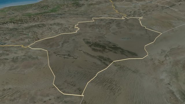 B&eacute;char, province with its capital, zoomed and extruded on the satellite map of Algeria in the conformal Stereographic projection. Animation 3D