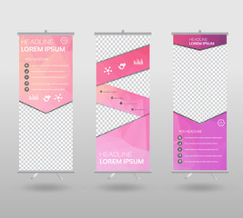Roll Up Banner template and info graphics stand design, advertisement, display, business flyer, polygon background. vector illustration.