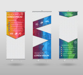 Roll Up Banner template and info graphics stand design, advertisement, display, business flyer, polygon background. vector illustration.