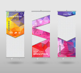 Roll Up Banner template and info graphics stand design, advertisement, display, business flyer, polygon background. vector illustration.