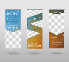 Roll Up Banner template and info graphics stand design, advertisement, display, business flyer, polygon background. vector illustration.