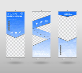 Roll Up Banner template and info graphics stand design, advertisement, display, business flyer, polygon background. vector illustration.