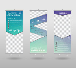 Roll Up Banner template and info graphics stand design, advertisement, display, business flyer, polygon background. vector illustration.