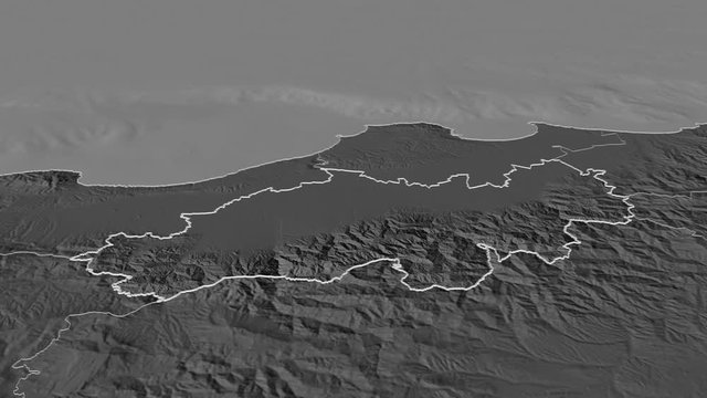 Blida, province with its capital, zoomed and extruded on the bilevel map of Algeria in the conformal Stereographic projection. Animation 3D
