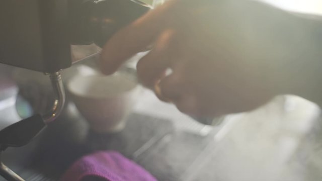 Hot water steaming from coffee blending machin