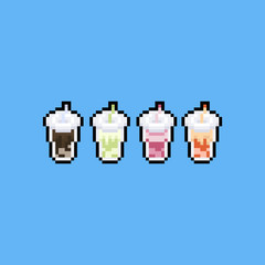 Pixel art cartoon ice coffee icon set.