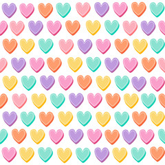 Sweet and colorful seamless pattern. Cute heart shape isolated on white background. Graphic design for valentines, wallpaper, fabric and wrapping.