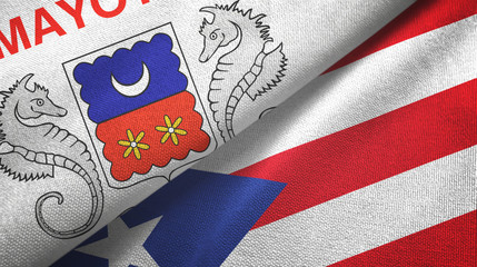 Fototapeta premium Mayotte and Puerto Rico two flags textile cloth, fabric texture