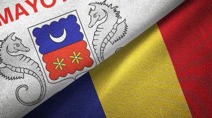 Mayotte and Romania two flags textile cloth, fabric texture